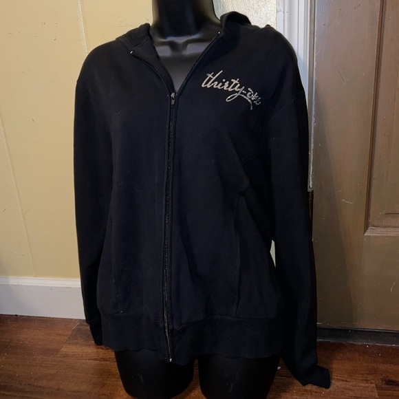 Thirty-One Black Zip Up Hoodie Silver Beaded Logo Size L - Picture 2 of 8